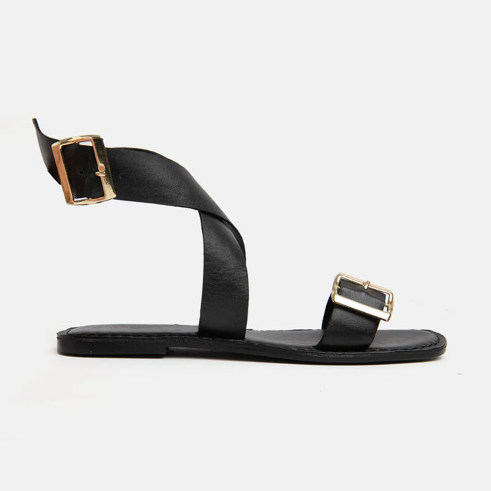 Sandalo in vera pelle alla schiava con fibbia oro - NERO