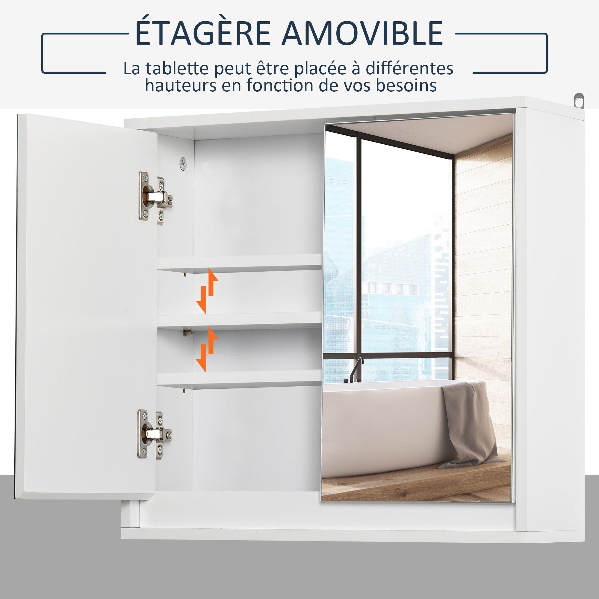 Armoire murale miroir salle de bain 2 étagères dim. 48L x 14l x 45H cm panneaux particules MDF blanc