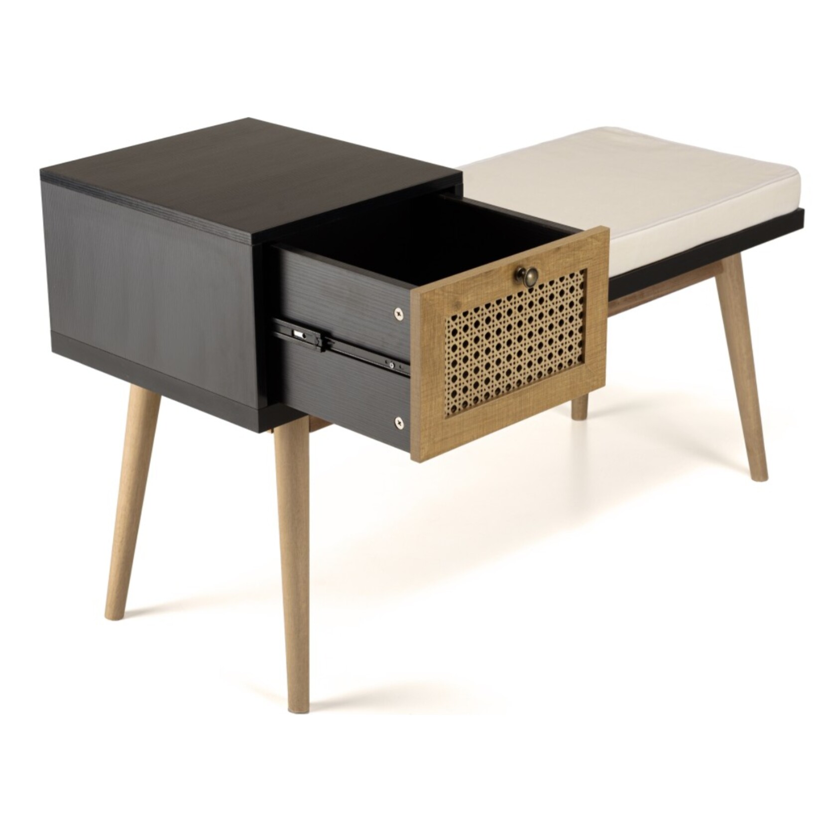 CHARLIE - Banc assise noire 1 tiroir effet cannage marron