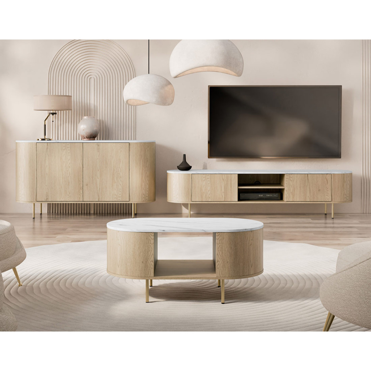 Sansa - buffet bas 139 cm - 2 portes et 1 étagère - plateau effet marbre - Bois / Blanc