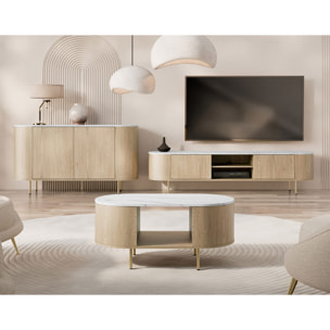 Sansa - buffet bas 139 cm - 2 portes et 1 étagère - plateau effet marbre - Bois / Blanc