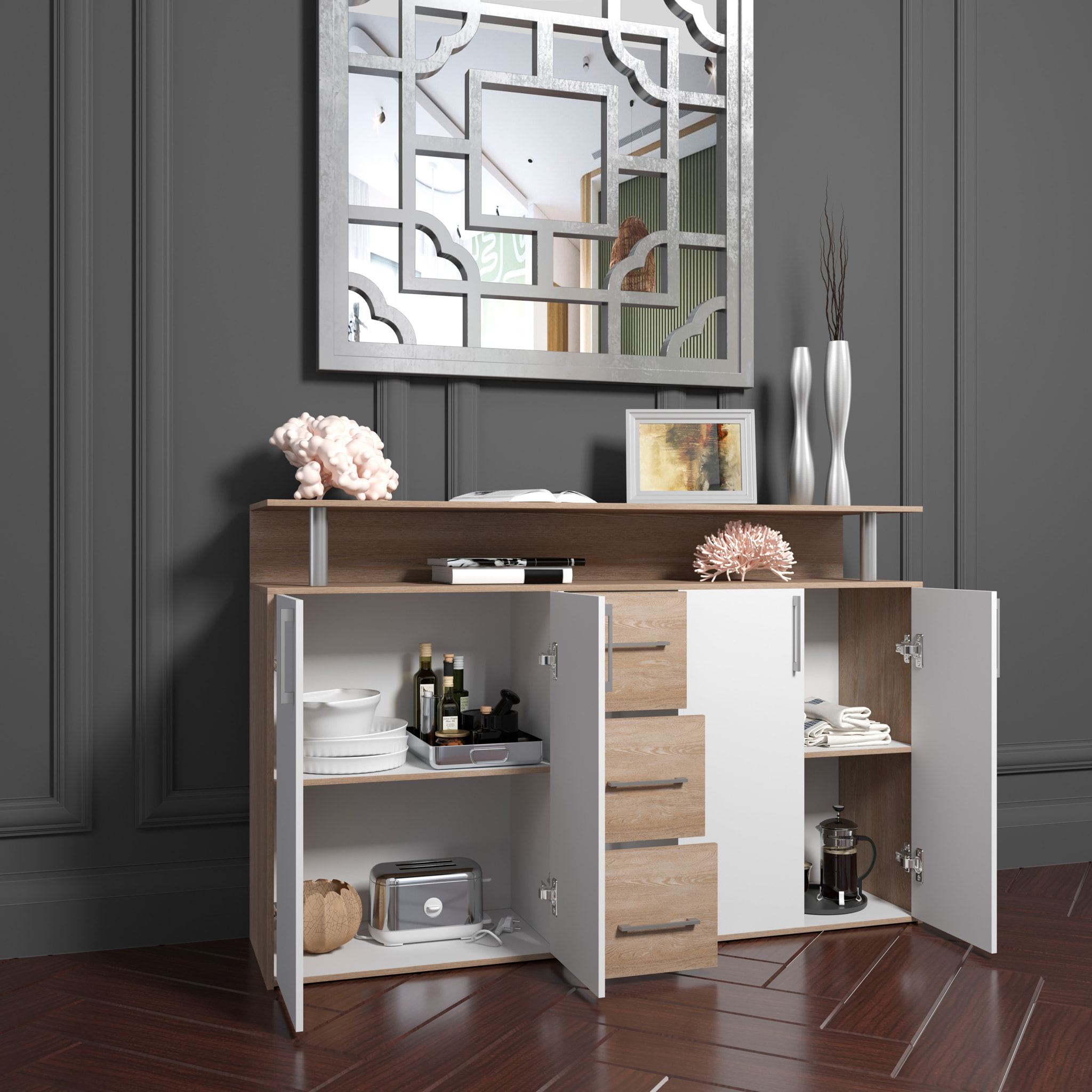 Credenza Comò Con 3 Cassetti 4 Ante Battenti 1 Ripiano Aperto A Giorno Mobile Mobiletto Soggiorno Ingresso Salotto 139 x 90 x 34 Cm Bianco Rovere