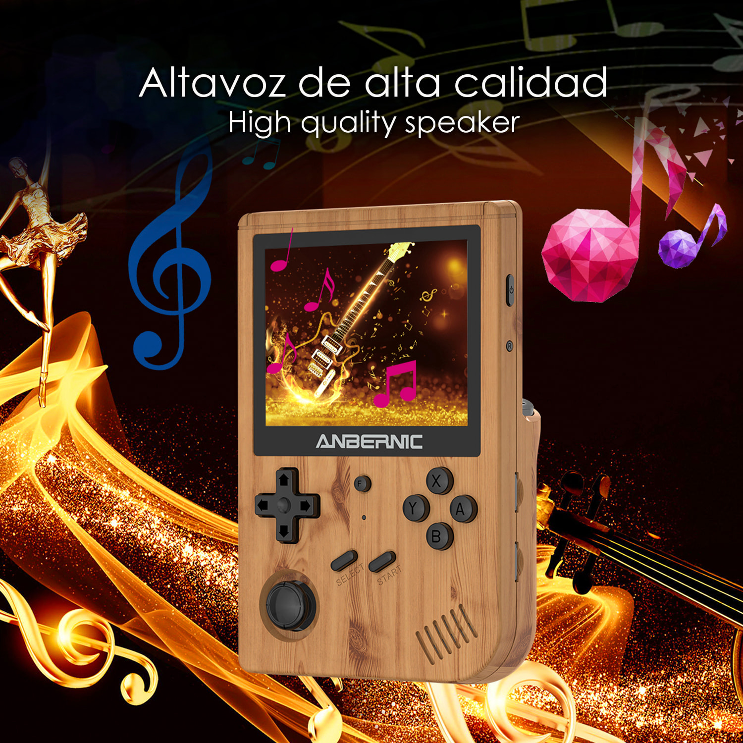 DAM Consola emulador multiplataforma RG351V. Pantalla 3,5" IPS; S.O. Linux, Quad-Core 1,5GHz, WiFi, 128GB. Miles de juegos preinstalados. 14x2,68x9,4 Cm. Color: Madera