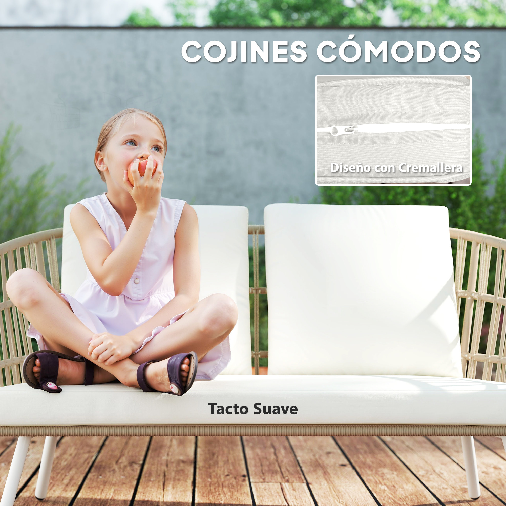 Conjunto de Jardín Exterior de Ratán Sintético de 4 Piezas Muebles de Jardín Exterior con Sofá de 2 Plazas 2 Sillones 1 Mesa de Centro de Metal con Cojines Crema y Natural