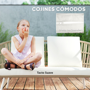 Conjunto de Jardín Exterior de Ratán Sintético de 4 Piezas Muebles de Jardín Exterior con Sofá de 2 Plazas 2 Sillones 1 Mesa de Centro de Metal con Cojines Crema y Natural