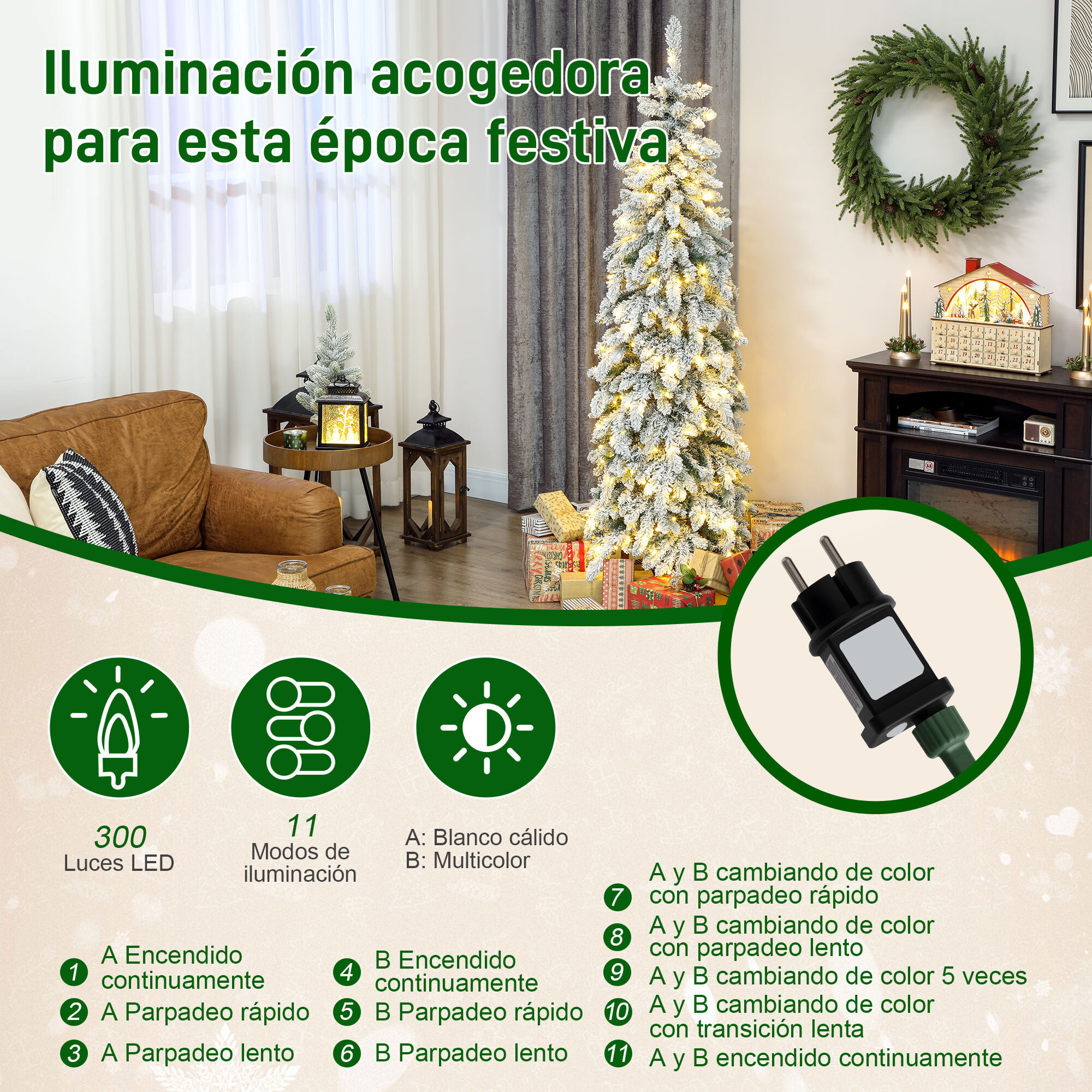 Árbol de Navidad Estrecho 180 cm, Árbol de Navidad Nevado con Luces LED Bicolores, Temporizador, 11 Modos de Iluminación, 540 Ramas, Soporte de Acero, Fácil de Montar, Verde