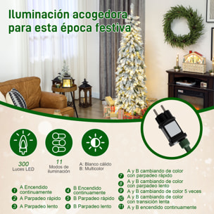 Árbol de Navidad Estrecho 180 cm, Árbol de Navidad Nevado con Luces LED Bicolores, Temporizador, 11 Modos de Iluminación, 540 Ramas, Soporte de Acero, Fácil de Montar, Verde