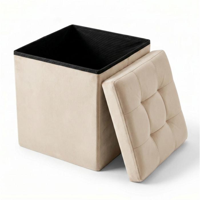 Pouf contenitore in velluto 38x38x38 cm, cubo imbottito con vano interno, seduta elegante effetto velvet trapuntato, resistente fino a 150 kg, salvaspazio ideale per camera soggiorno ingresso e cameretta