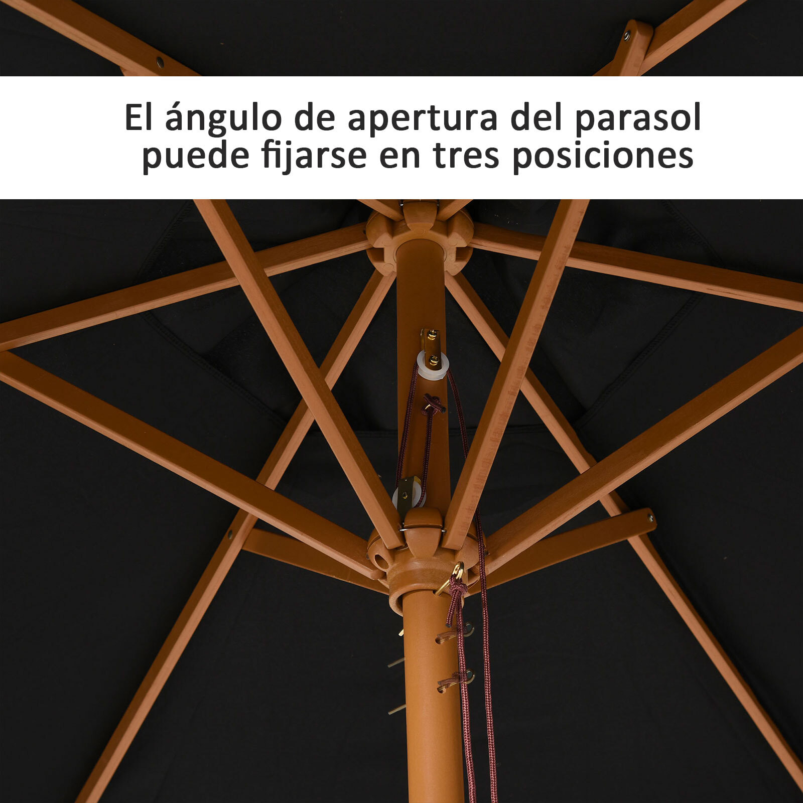 Sombrilla Parasol de Madera Ø250x230cm para Exterior con 6 Varillas Sistema de Cuerda con Fijación Desmontable Portátil Fácil de Guardar y Transportar Negro