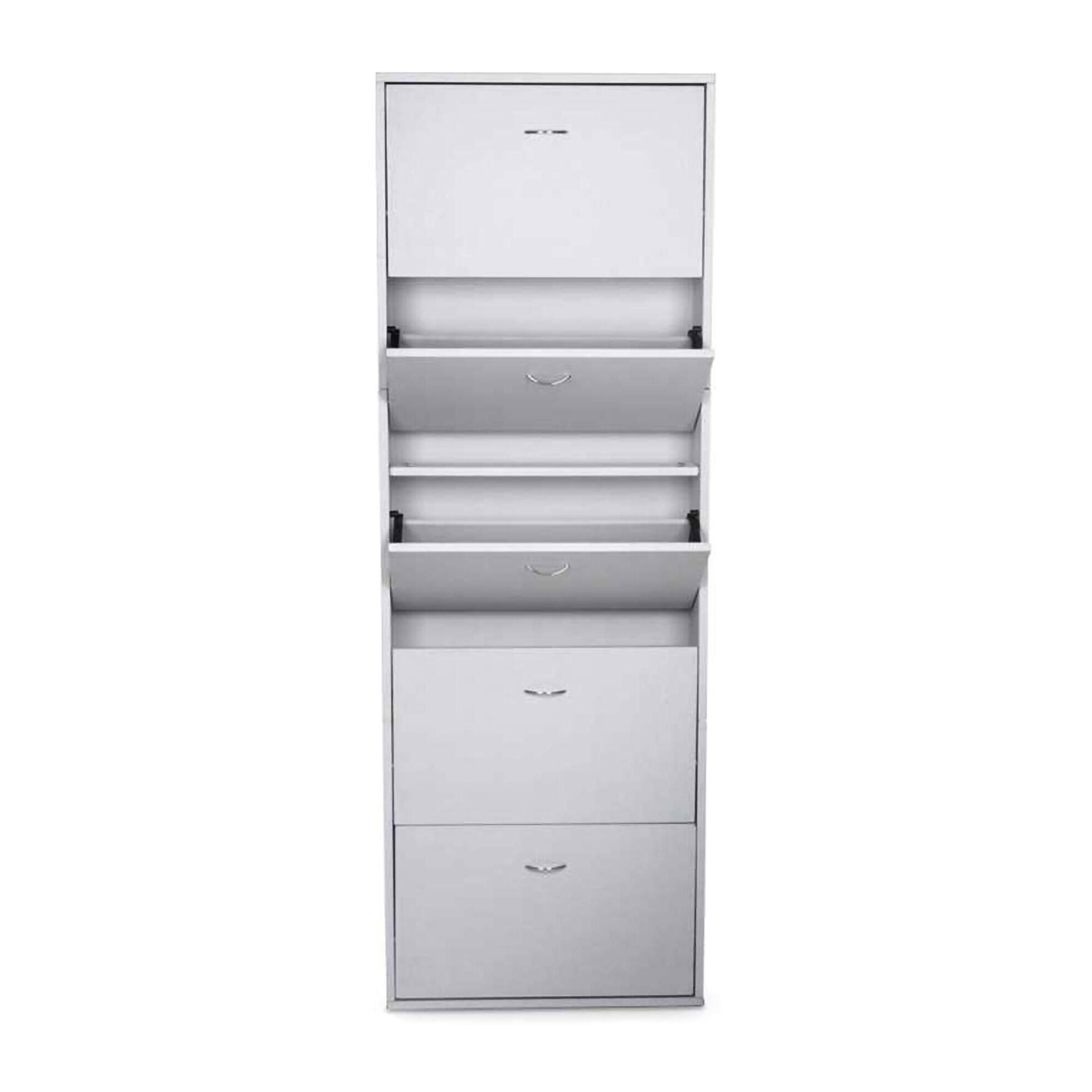 Scarpiera Anatra, Armadio portascarpe a 5 ante a ribalta, Scarpiera alta da ingresso, Scarpiera moderna, 70x17h180 cm, Bianco lucido