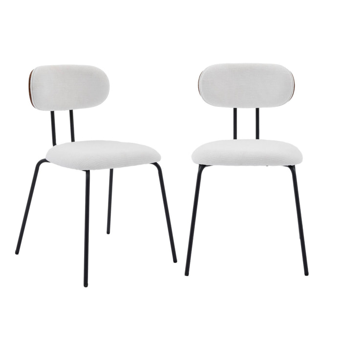 2 chaises décor bois courbé teinté noyer et tissu déperlant blanc. pieds métal noir mat - L 45 x P 55 x H 80cm - Erin