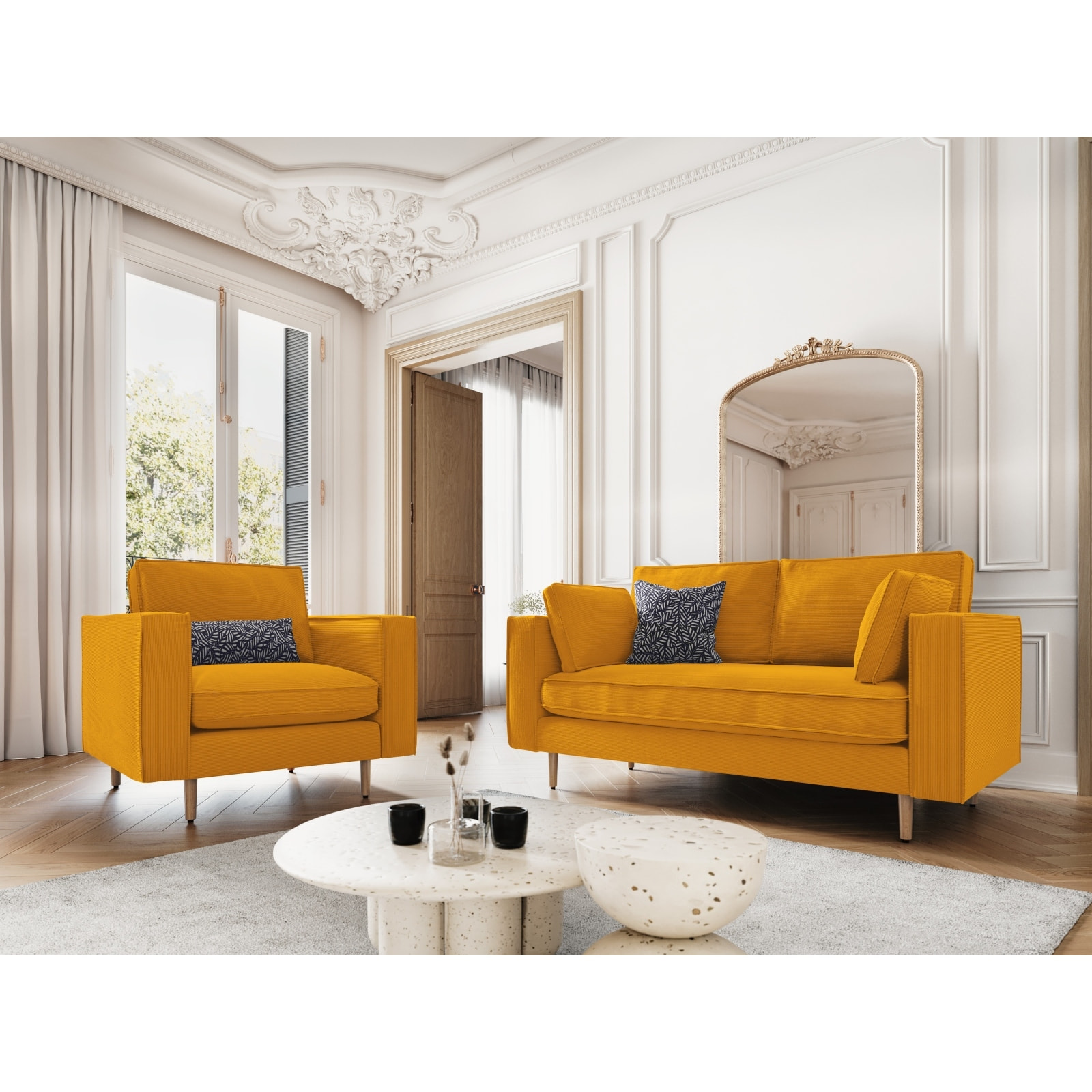 Fauteuil "Alexis" en velours côtelé jaune