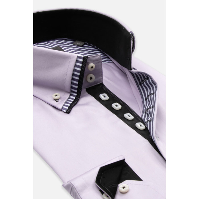 Camicia Uomo 2 Bottoni Button Down Triplo Collo Slim Satin Unito Lilla