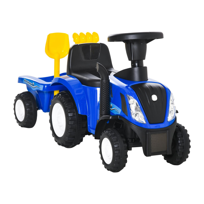 Tractor para Niños de 12-36 Meses con Remolque Extraíble Coche Correpasillos con Bocina Faros Pala Asiento de Suelo 25 cm y Rastrillo Carga 25 kg 91x29x44 cm Azul