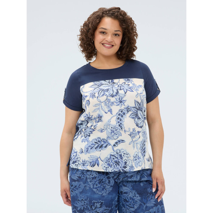 Fiorella Rubino - T-shirt bimaterica in misto cotone - Blu