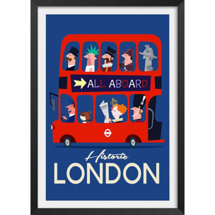 Poster retro bus london Affiche + cadre en bois - Noir