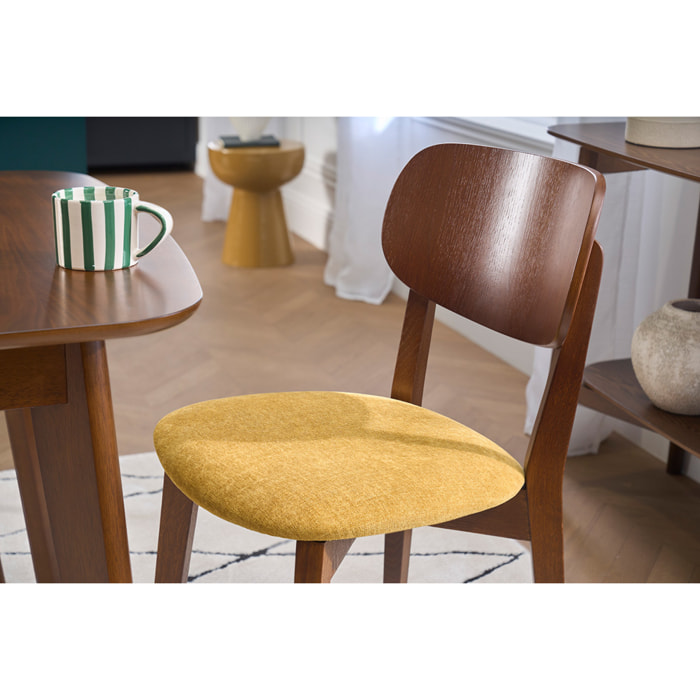 Chaises vintage en bois foncé chêne et tissu effet velours jaune moutarde (lot de 2) LUCIA