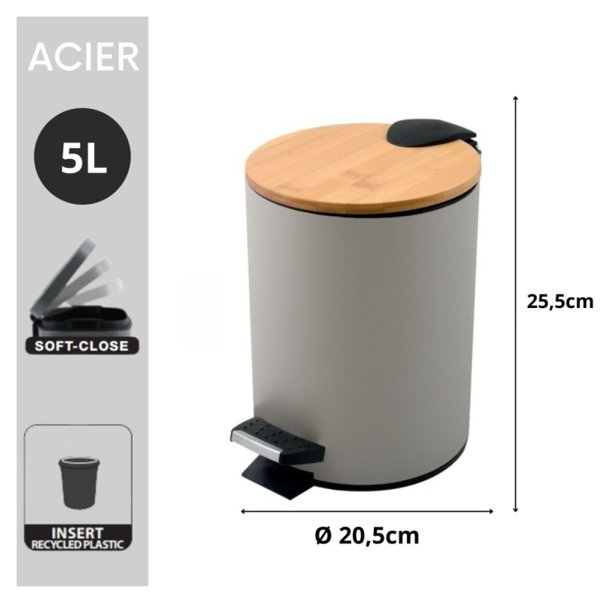 Poubelle à pédale Acier & Bambou ADONIS 5L Taupe mat Spirella
