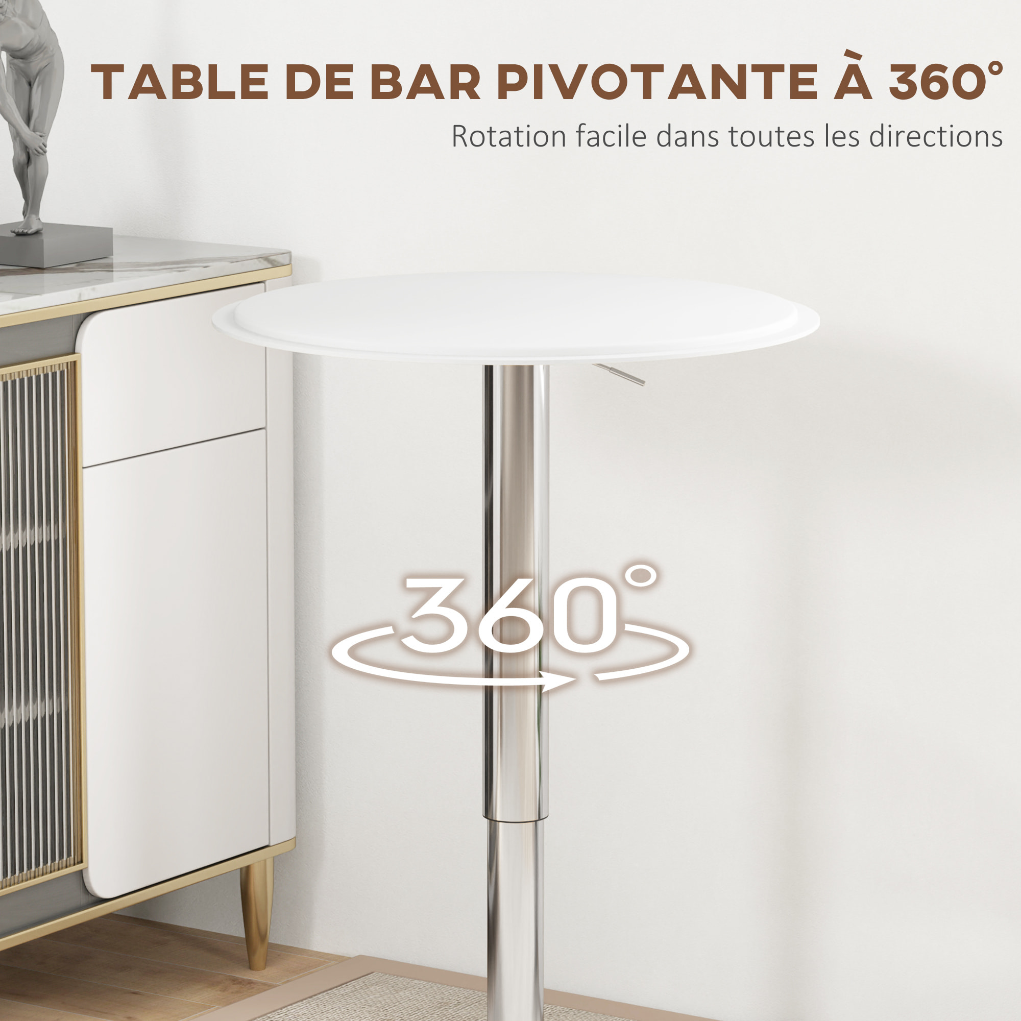 Table de bar table bistro chic style contemporain table ronde hauteur réglable 67-93 cm Ø 63 cm plateau pivotant 360° métal chromé PVC blanc