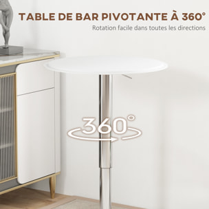 Table de bar table bistro chic style contemporain table ronde hauteur réglable 67-93 cm Ø 63 cm plateau pivotant 360° métal chromé PVC blanc