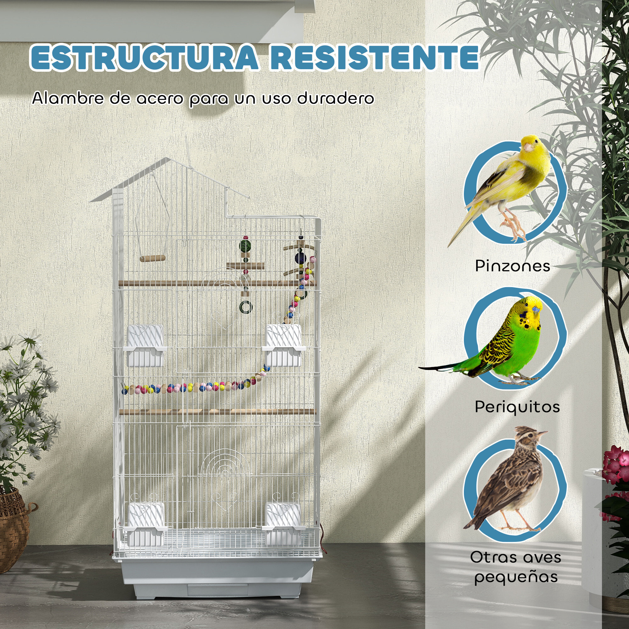 Jaula para Pájaros Pajarera con Múltiples Puertas 4 Comederos 3 Perchas Columpio Escaleras y Bandeja Extraíble para Loros Canarios Periquitos 46x36x100 cm Blanco