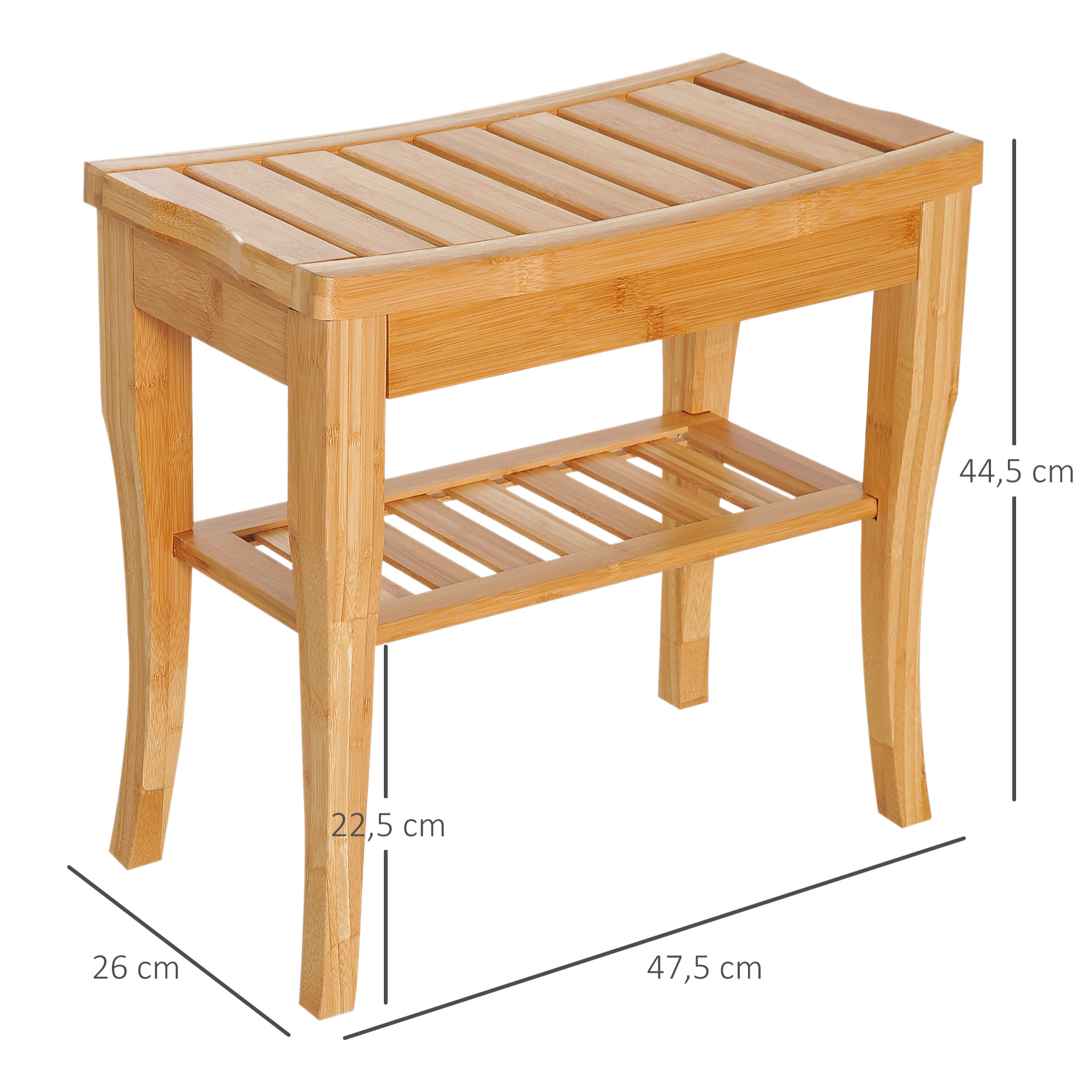 Taburete de Baño de Bambú con Estante de Almacenamiento Banco de Baño Antideslizante Impermeable y Robusta Taburete de Ducha para Hogar Salón Dormitorio SPA 47,5x26x44,5 cm Natural