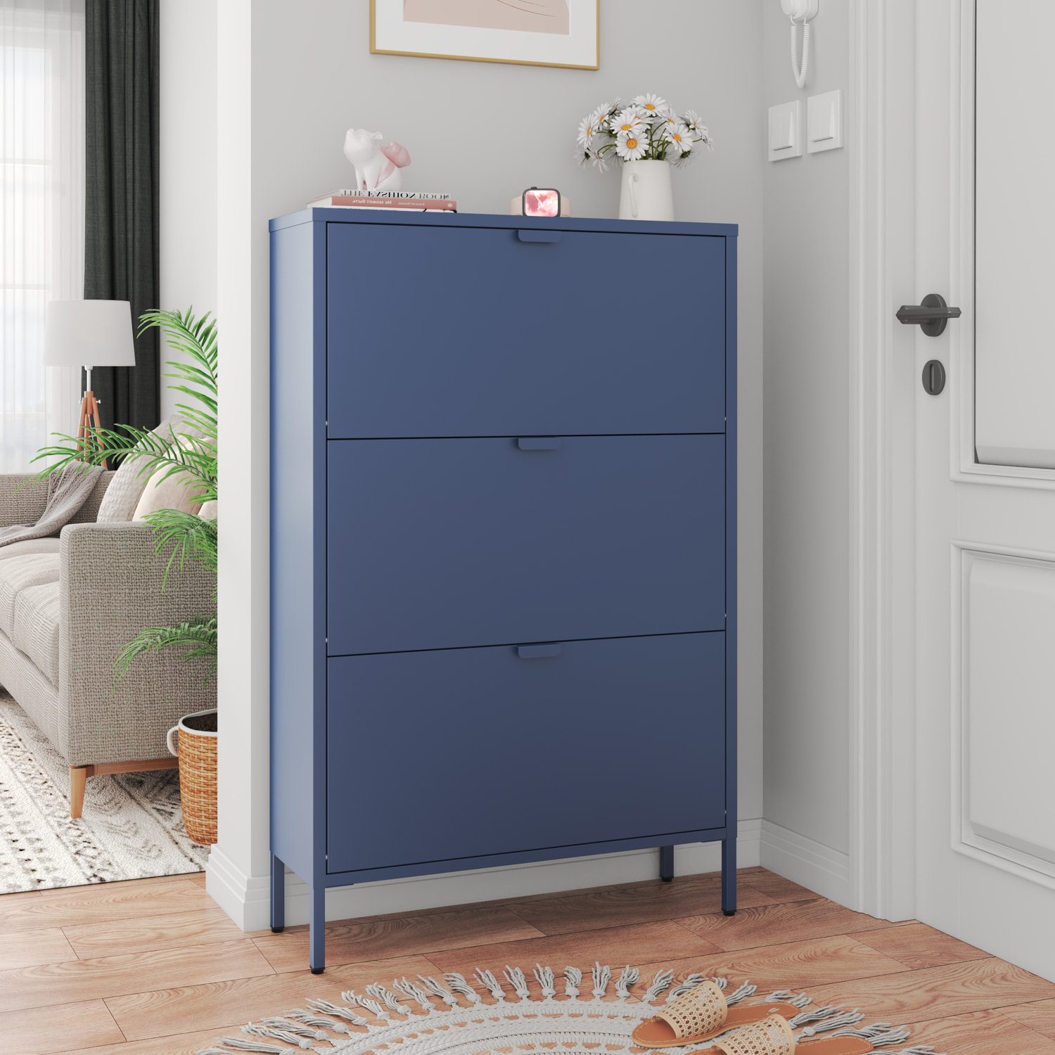 Meuble à chaussures 3 portes en métal bleu gris MARION