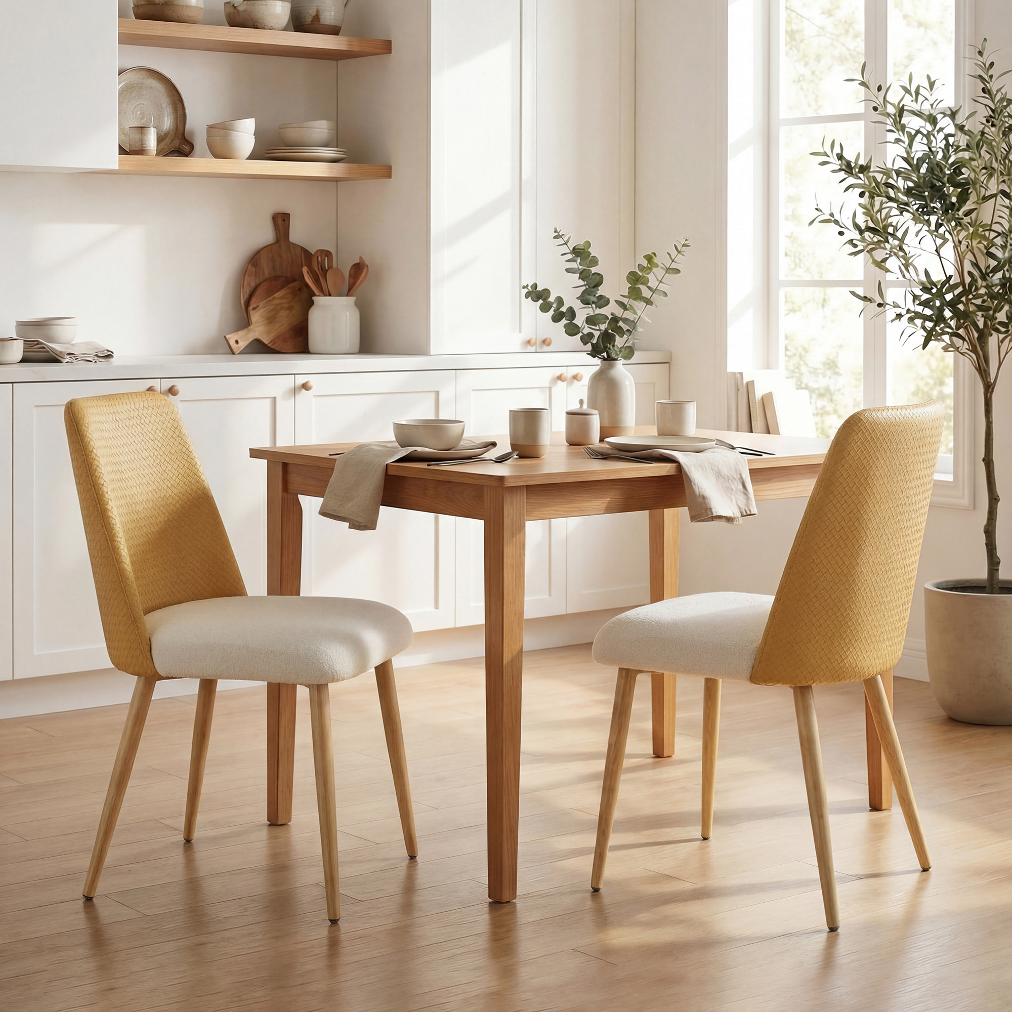 Juego de 2 Sillas de Comedor, Sillas de Cocina con Respaldo de PU de Imitación Ratán, Asiento Acolchado, Patas de Acero, para Salón, Marrón y Beige