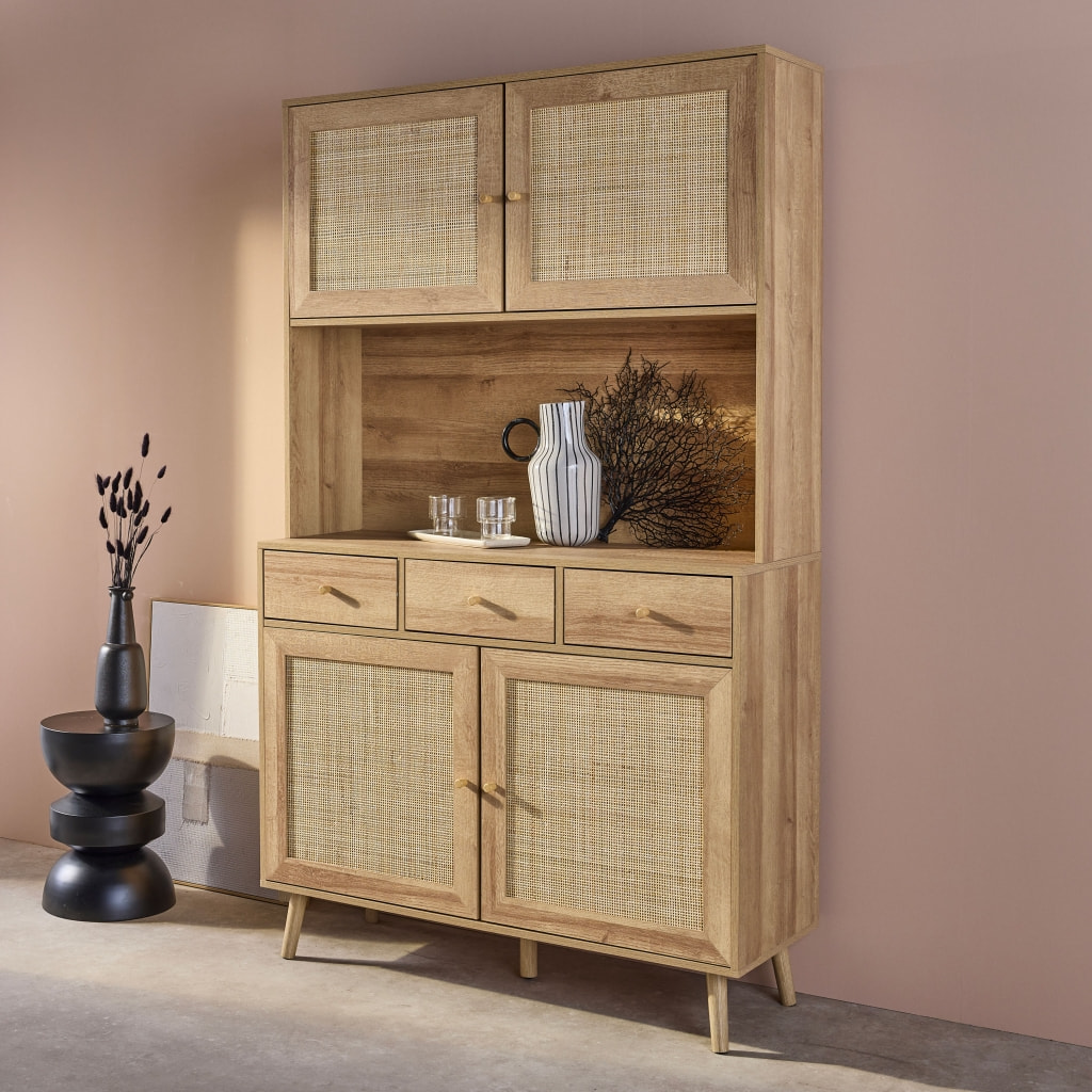 Buffet décor bois et cannage 4 portes 3 tiroirs 110 cm BOHÈME