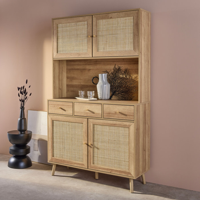 Buffet décor bois et cannage 4 portes 3 tiroirs 110 cm BOHÈME
