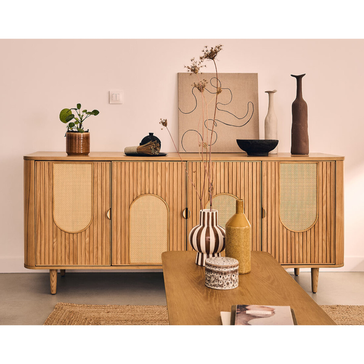 Milazzo - buffet bas - bois plaqué chêne et cannage - 176 cm - Bois