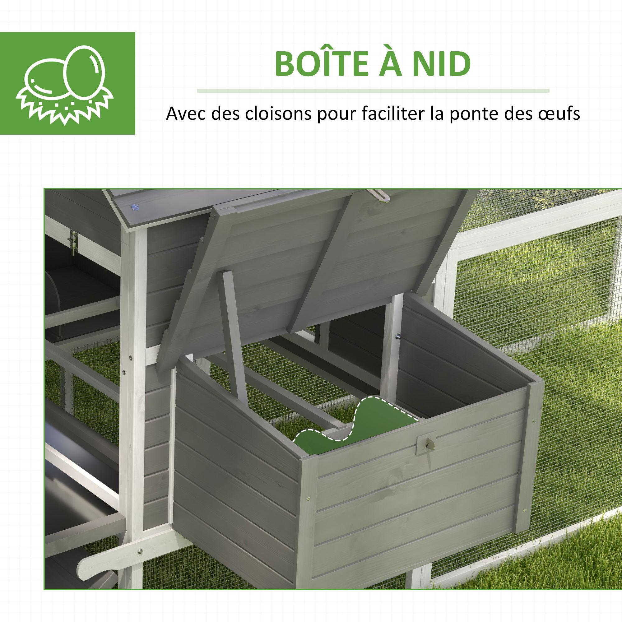 Poulailler cottage cage à poules sur pied dim. 310L x 149l x 149H cm multi-équipement bois sapin gris