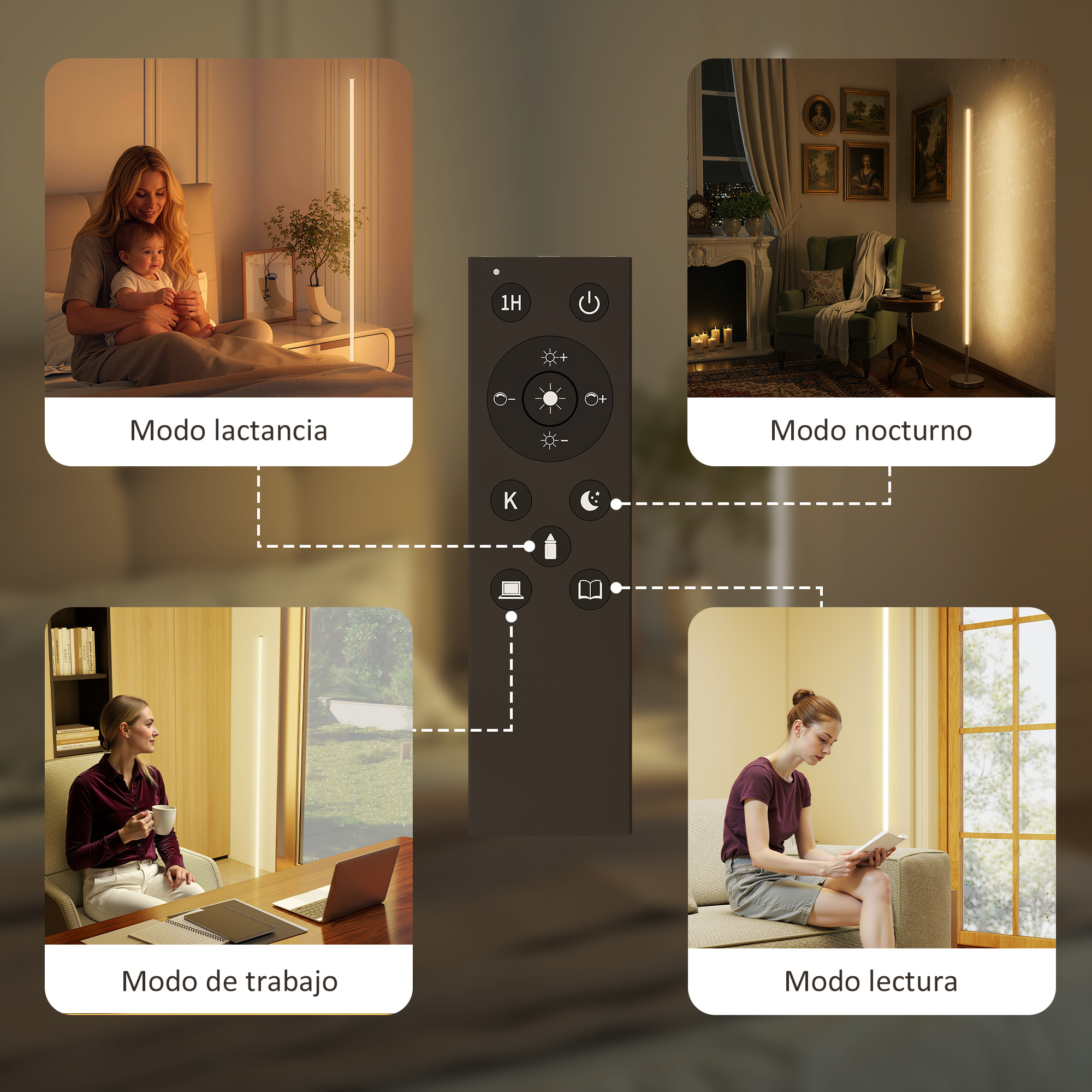 Lámpara de Pie Moderna, Lámpara Salón con Brillo, Temperaturas de Color Ajustables 3000K-6000K, Mando a Distancia Magnético, Temporizador, para Dormitorio, Oficina, Decoración, Gris Plateado