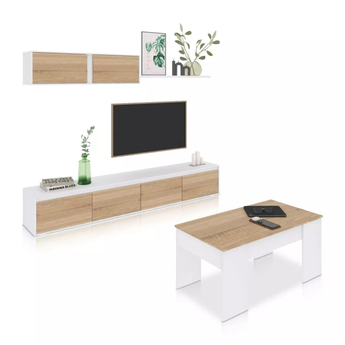 Pack salón con mesa de centro Arlet Plus V2 Blanco Artik (Blanco Mate) - Roble Canadian