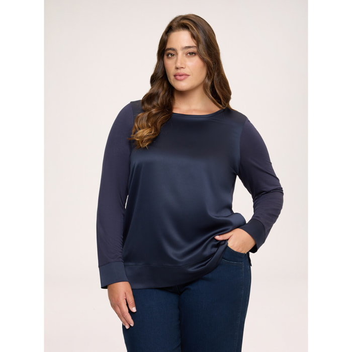 Fiorella Rubino - T-shirt bimaterica in raso e jersey - Blu