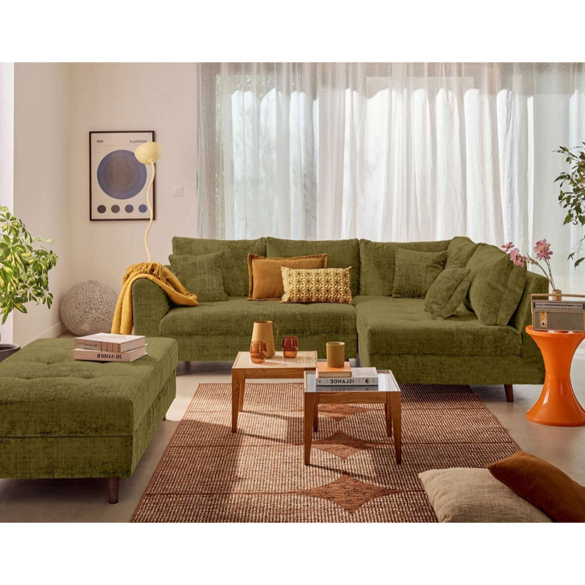 Rune - canapé d'angle droit 4 places en velours texturé - Vert Olive