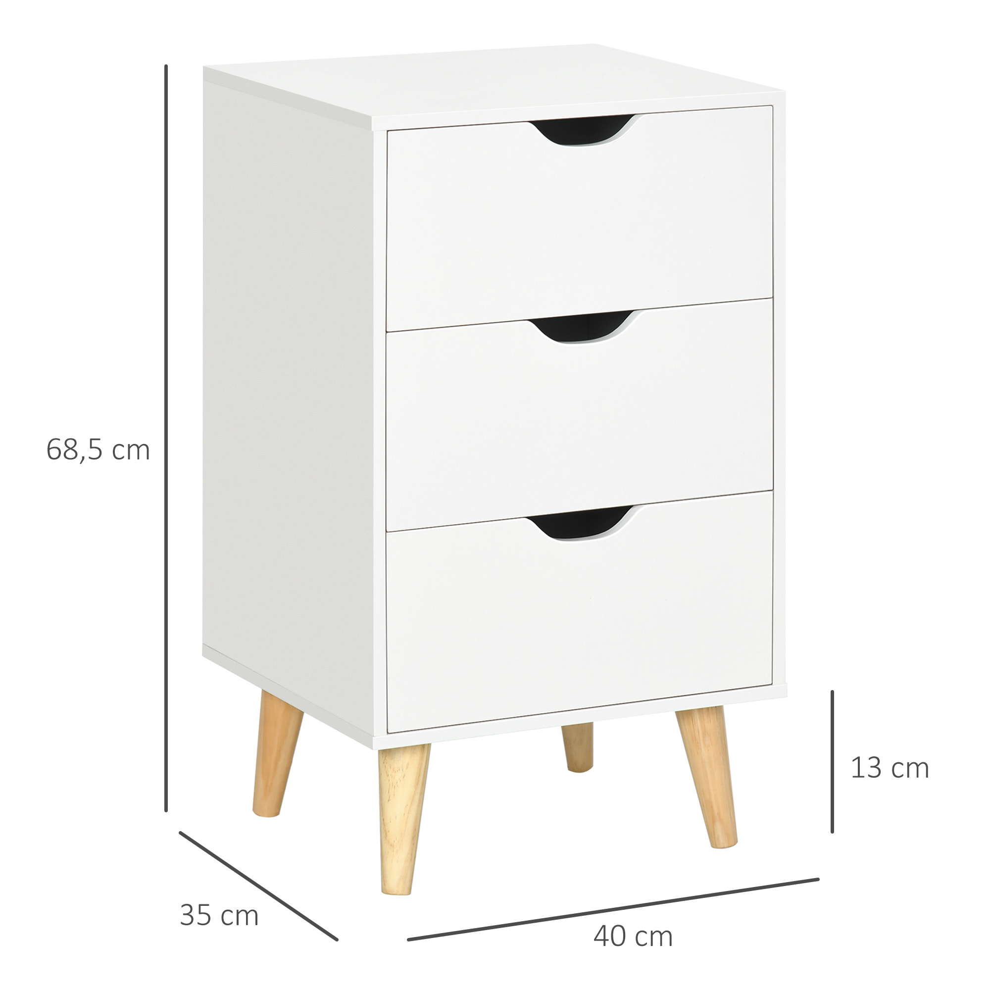 Meuble de rangement chiffonnier 3 tiroirs design scandinave piètement effilé incliné bois pin panneaux blanc