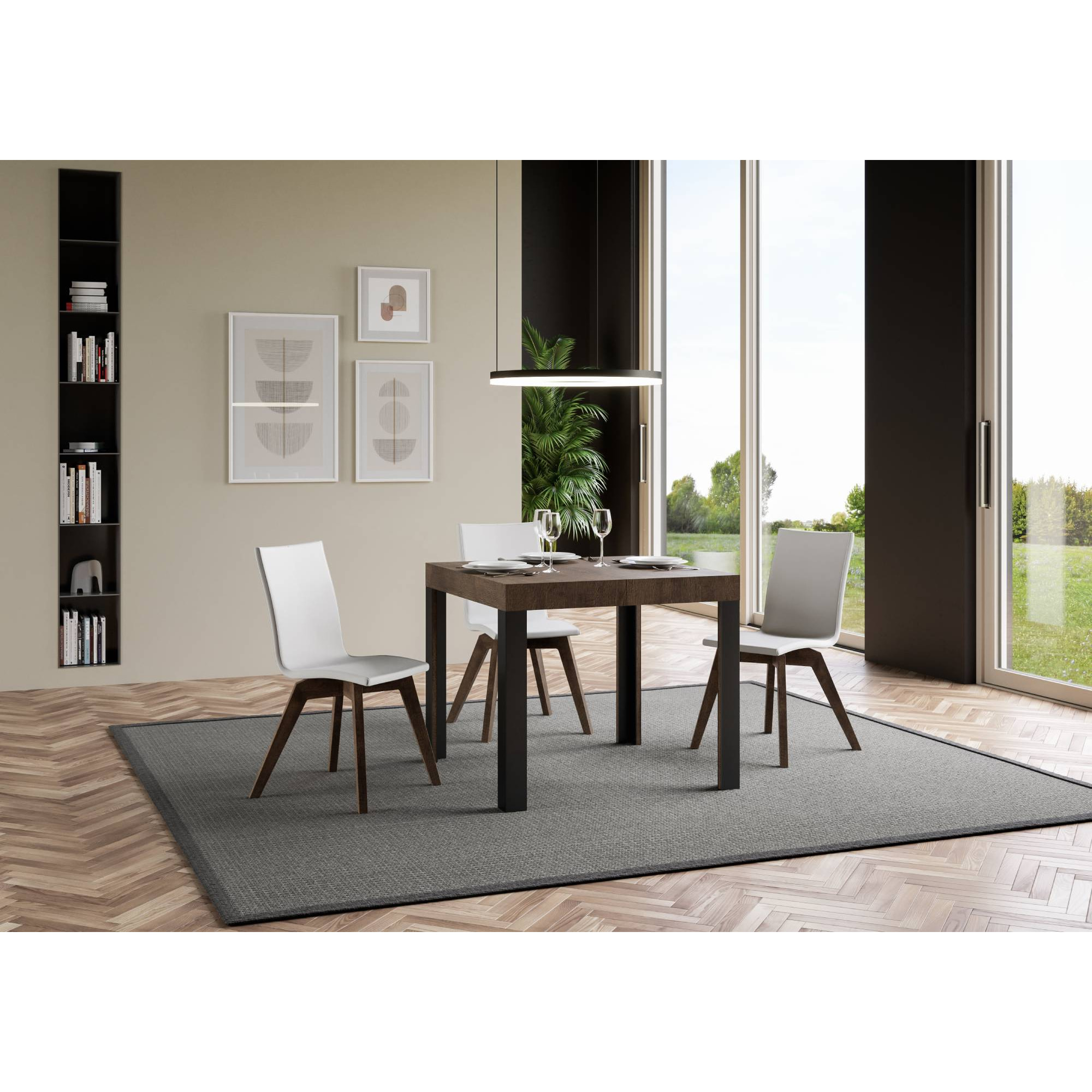 Table Linea Extensible Dessus Noyer 90x90 Allongée 246 cadre Anthracite