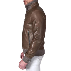 Giubbotto bomber in pelle vintage color fango collo alto lana