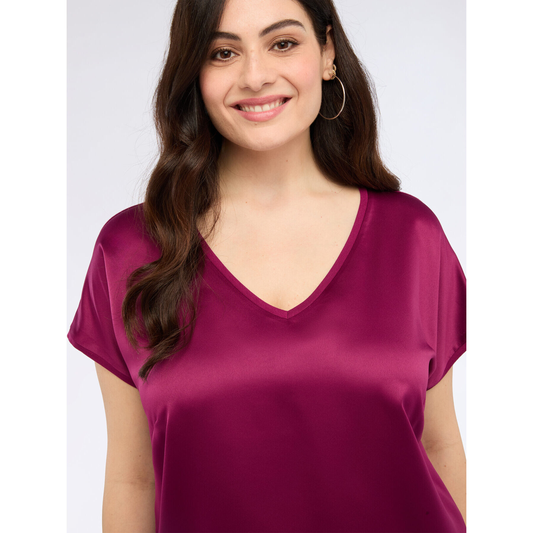 Fiorella Rubino - Camiseta bimatérica con escote en V - Burgundy