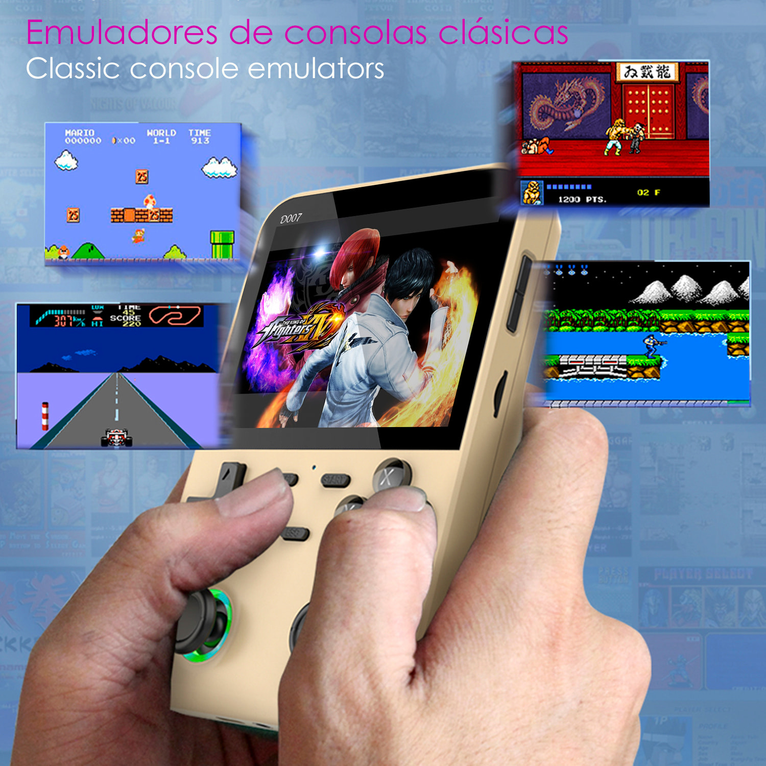 DAM Consola portátil D007, 12 emuladores, 2D y 3D, más de 10.000 juegos clásicos retro. Pantalla de 3,5". 9,5x3,5x14,5 Cm. Color: Gris