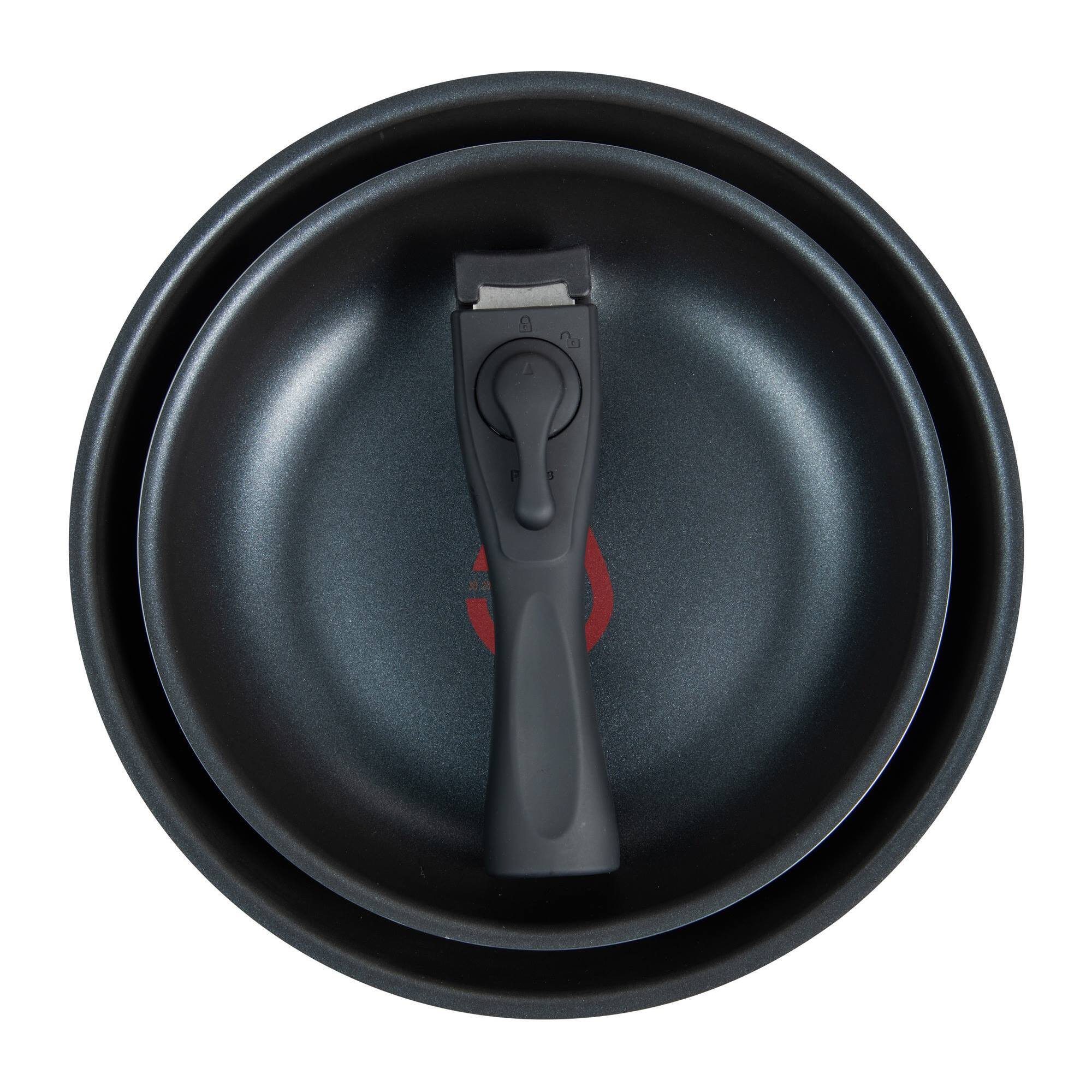juego de 2 sartenes ø22ø26cm aluminio prensado negro y heat dot + mango desmontable