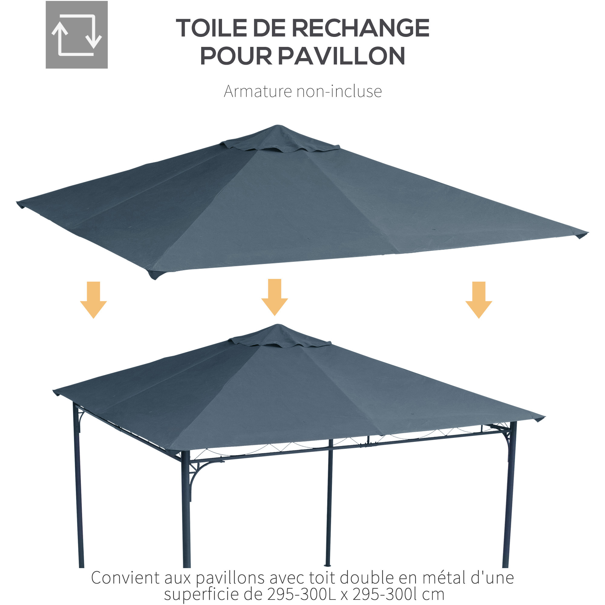 Toile de rechange pour pavillon tonnelle tente 3 x 3 m polyester haute densité 180 g/m² revêtement PA anti-UV gris