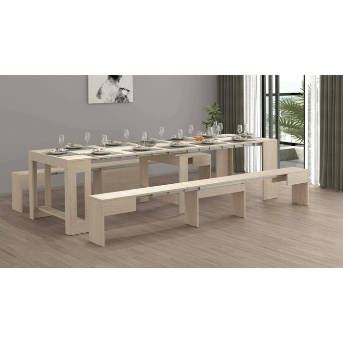 Set tavolo e sedie Dadamoni, Composizione multiuso, Set con consolle e 2 panche allungabili, 100% Made in Italy, 66x25h45 cm, Olmo