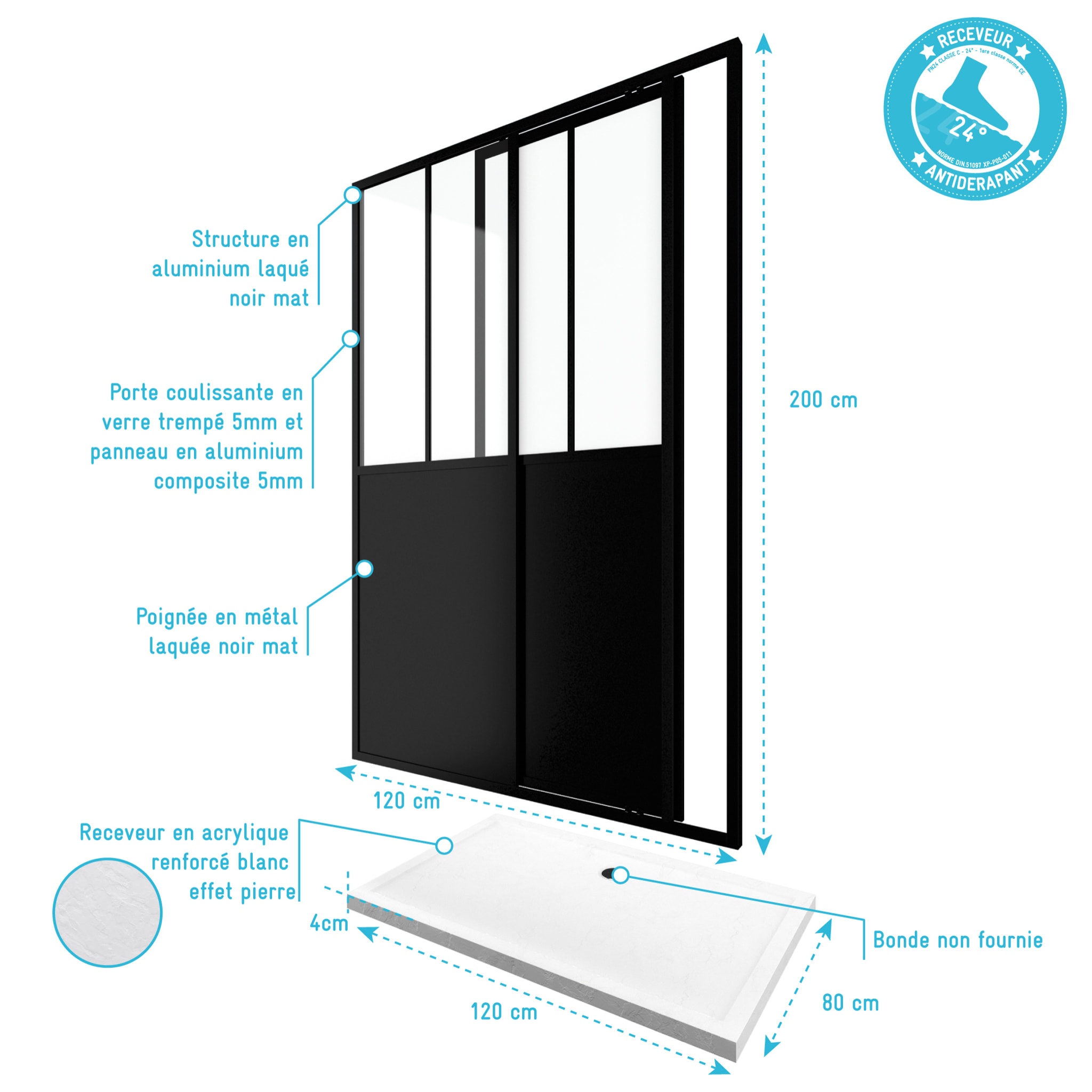 Pack Porte Coulissante Noire Mate Type 'Atelier' et Receveur Blanc Effet Pierre - 120x80x200 cm