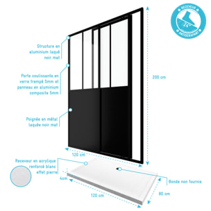 Pack Porte Coulissante Noire Mate Type 'Atelier' et Receveur Blanc Effet Pierre - 120x80x200 cm