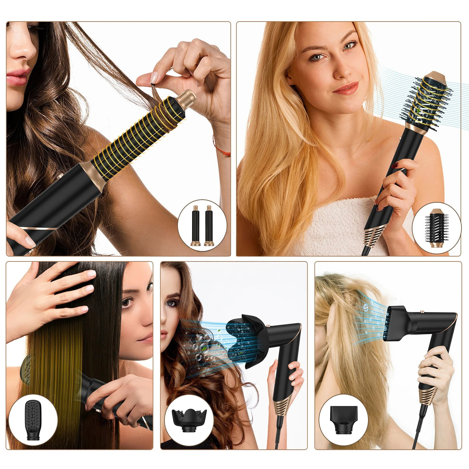 Secador de pelo plegable 5 en 1 con tecnología iónica, 1000 W de potencia y 3 niveles de temperatura ajustable.