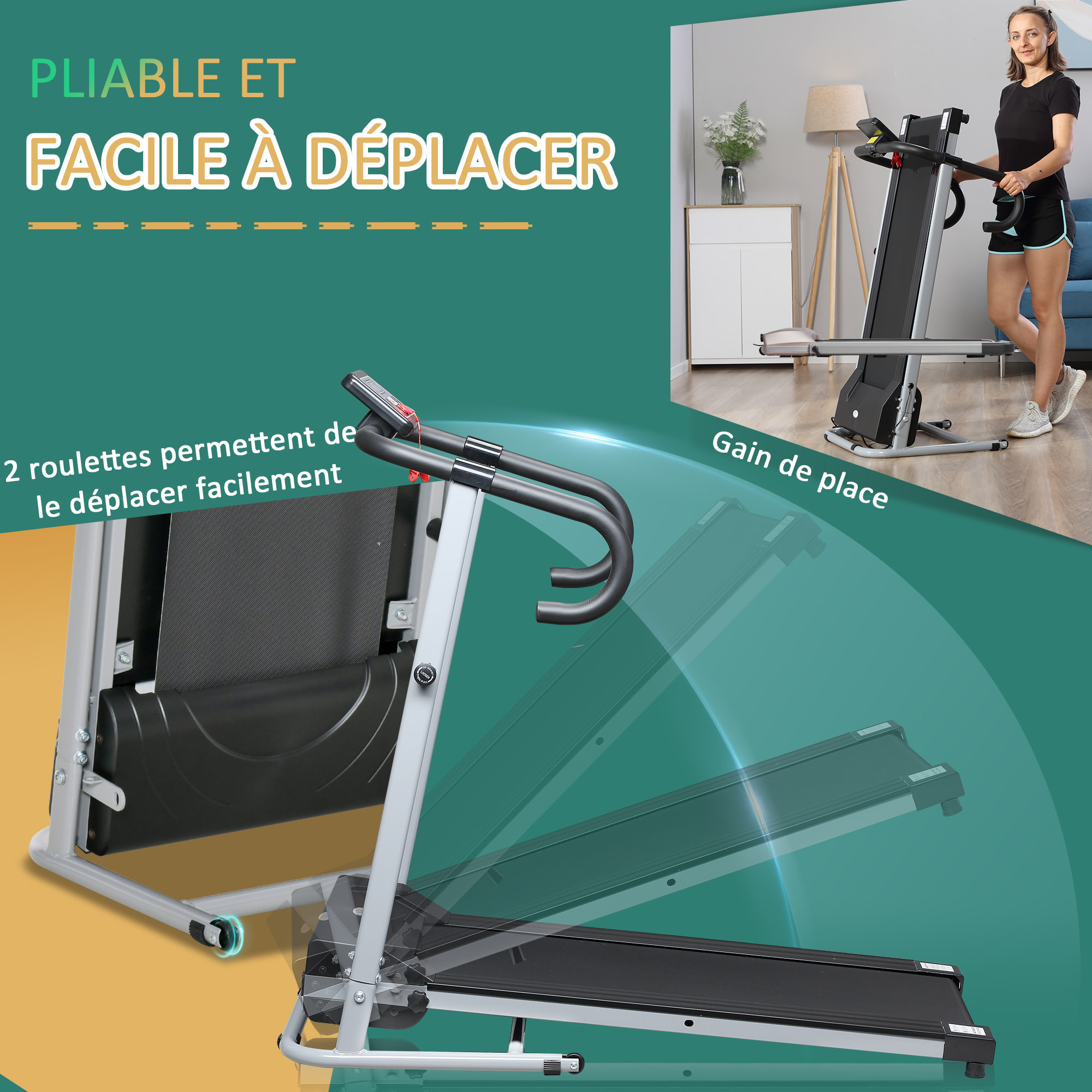 Tapis de course Fitness électrique pliable - 1 à 10 Km/h - écran LCD multifonctions - puissance 500 W - gris foncé noir