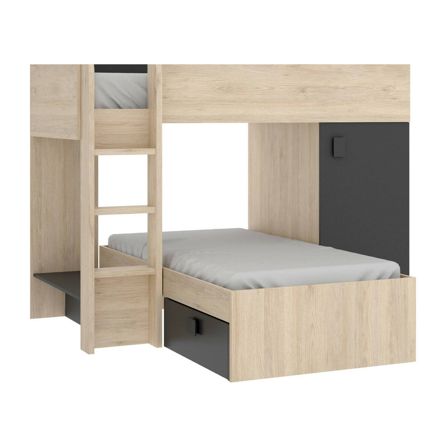 Letto per bambini Marmolada, Cameretta completa con armadio e cassetti, Composizione letto a castello con due lettini singoli, 255x112h150 cm, Rovere e Antracite