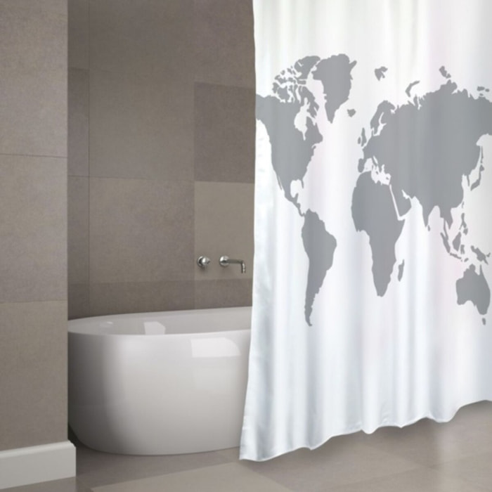 Rideau de douche Polyester WORLD 180x200cm QUALITE PREMIUM Gris & Blanc - Anneaux inclus MSV